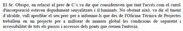 Resposta de l'Equip de Govern de l'Ajuntament de Gav&agrave; a la proposta de C's d'instal�lar fanals a la sortida 185 de l'autovia de Castelldefels a Gav� Mar (26 de Novembre de 2009)
